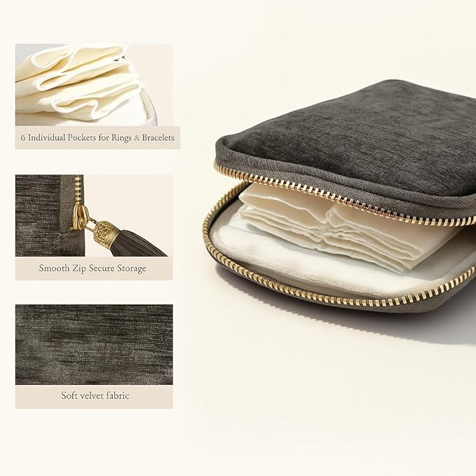 Travel Jewelry Case Organizer for Women Portable Jewelry Box with Zipper Pouches for Rings Necklaces Earrings Bracelets Compact Jewelry Storage for Travel Gift Daily Use (Charcoal Gray)