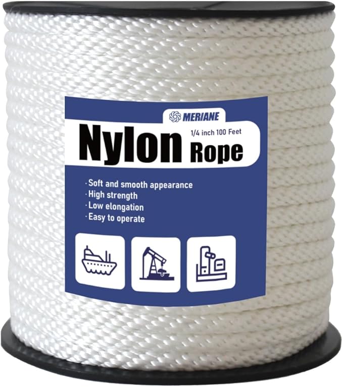 MERIANE Nylon Rope 100 Ft 1/4 Inch – Multipurpose Solid Braided Rope – Abrasion & UV Resistant – Ideal for Camping, Clothesline, Marine, Flag Line - Shock Absorption for Indoor Outdoor