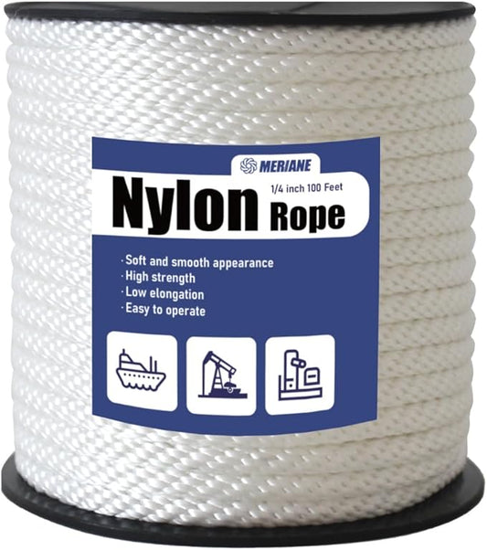 MERIANE Nylon Rope 100 Ft 1/4 Inch – Multipurpose Solid Braided Rope – Abrasion & UV Resistant – Ideal for Camping, Clothesline, Marine, Flag Line - Shock Absorption for Indoor Outdoor
