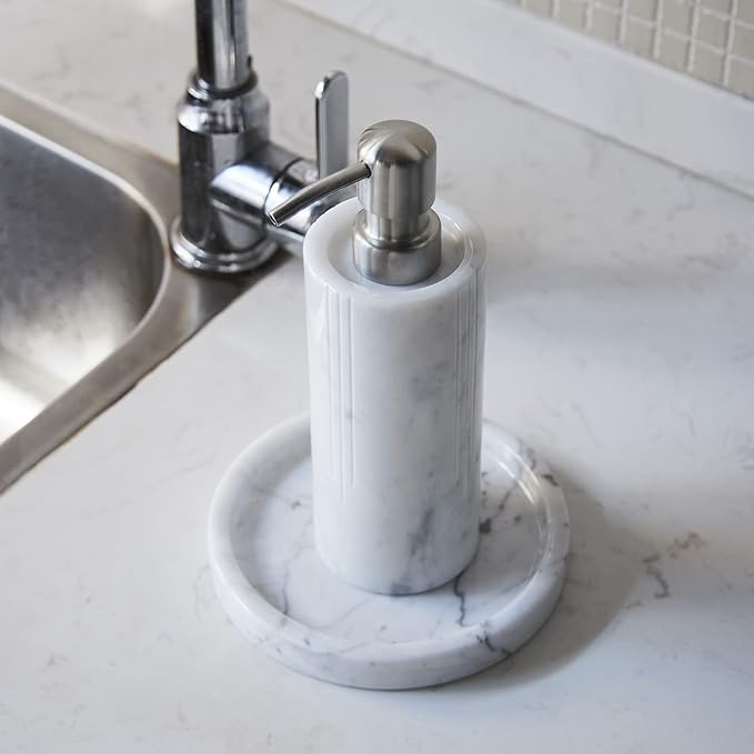 Luxurious White Marble Soap Pump Dispenser for Countertop, Bathroom & Kitchen, Hand or Dish Liquid Soap/Lotion 304 Steel Pump Bottle, Italy Carrara, Vanity