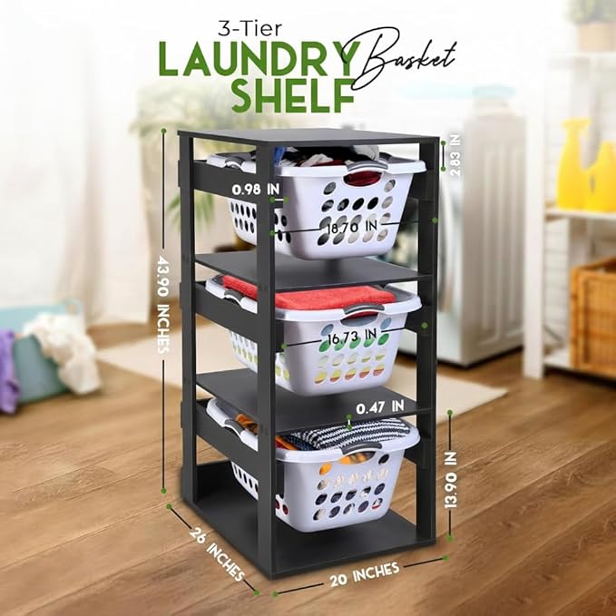 Laundry Basket Holder Shelf – Stackable Engineered Wood Laundry Tower, Tiered Hamper Organizer for Bathroom, Bedroom, Closet (Black, 3 Tier)