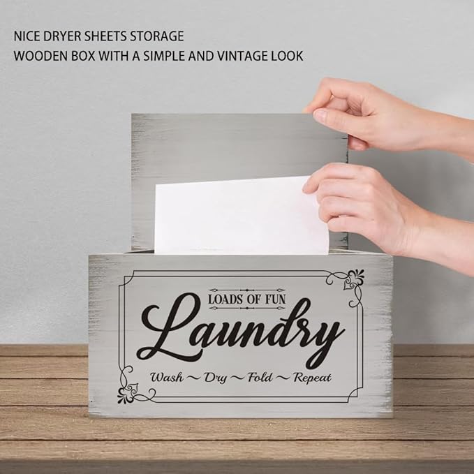 SUPERDANT Dryer Sheets Holder with Lid Rustic Dryer Sheet Dispenser Laundry Lettering Container Laundry Fabric Softener Dispenser Box for Room Organization Storage Gray