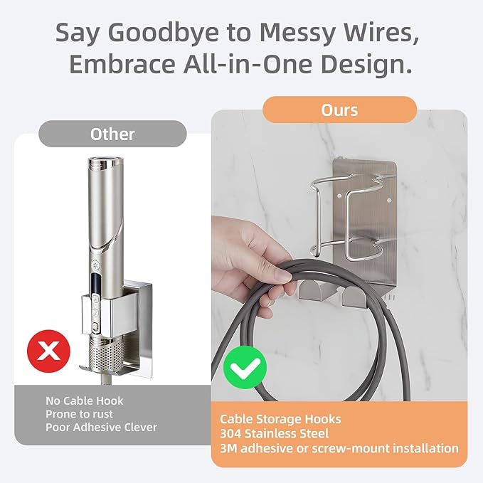 Curling Iron Holder, Stainless Steel Flat Iron Holder Wall Mount, Hair Straightener Holder for Bathroom Storage, Flat Iron Holder Wall Mount Space Saving Hair Tool Organizer Silver BANJEKT