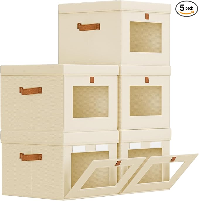 Storage Bins with Lid – Closet Organizer with Side Opening and Clear Window, Foldable Stackable Fabric Basket for Clothes, Home, Office - 13.77" x 11.8" x 9.8", 5 Pack, Beige