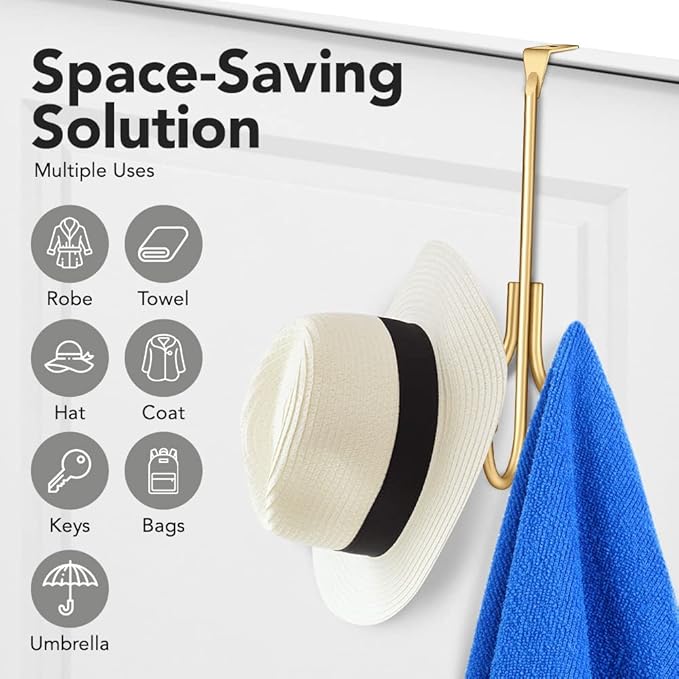 2-Pack Over The Door Hook - with 3 Hang Heads & Snug Fit Pads- 2Pcs Heavy Duty Hooks for Hanging Coats, Towels, Caps & Robes - Elegant Matt Finish - No Drill Hanger Organizer - Gold