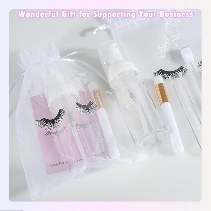 50PCS Lash Shampoo Bottles Brushes Set, Empty Lash Shampoo Bottle, Lash Cleaning Brush, Eyelash Extension Tube Brush, Instructions Cards, Aftercare Bags for Lash Business Clients (50pcs in white)