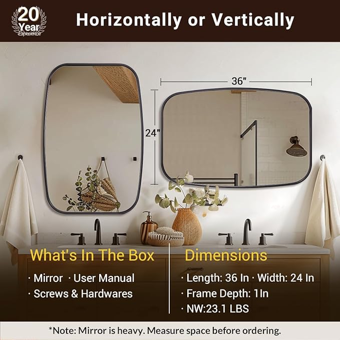 ANDY STAR Black Oval Mirrors for Bathroom, 24x36 Inch Oblong Bathroom Mirrors for Over Sink, Modern Metal Vanity Mirror, Non-Rusting SUS304 Metal Tube Frame, Wall-Mounted Vertically or Horizontally