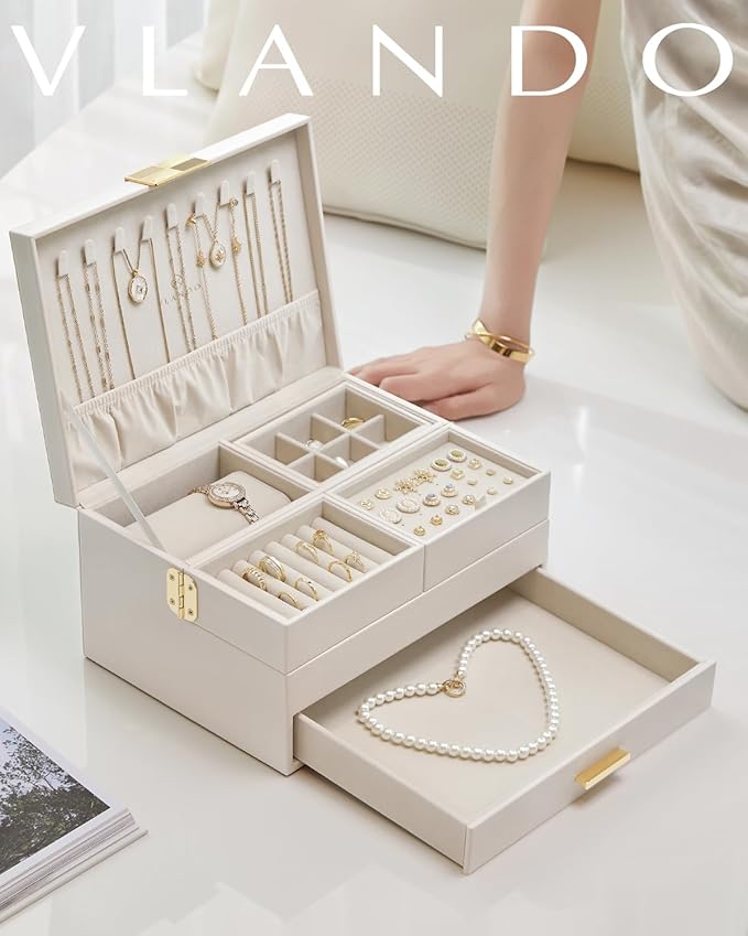 Vlando 3 Layer Jewelry Box - Women Jewelry Box with Retractable Tray - Jewelry Organizers with Drawer for Necklaces, Rings, Bracelets, Earrings, Valentines Gift for Mom Girls - Cloud White