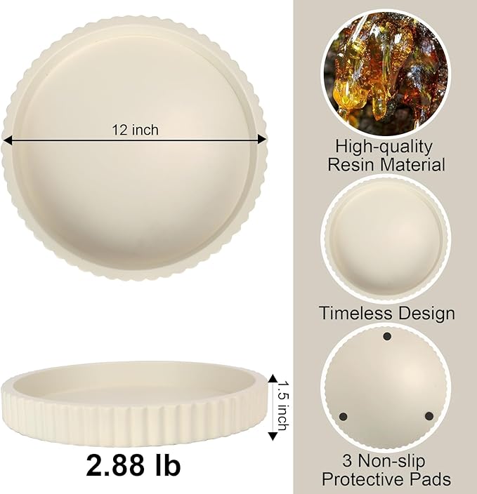 Decorative Tray for Coffee Table, 12'' Resin Modern Decorative Tray for Home Decor, Elegant Table Centerpiece Cream White Round Fluted Serving Vanity Tray for Bathroom Kitchen Living Room Decor