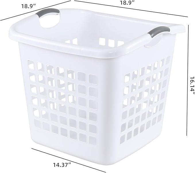 2 Bushel Square Tall Plastic Laundry Basket, 72 L Large Plastic Hamper with Carry Handle, White, 4 Pack