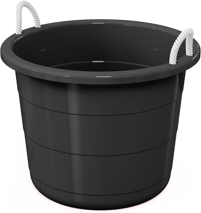 Life Story Large 17 Gallon Flexible Plastic Storage Bucket Container with Easy Grip Rope Handles for Indoor and Outdoor Storage, Black, 8 Pack