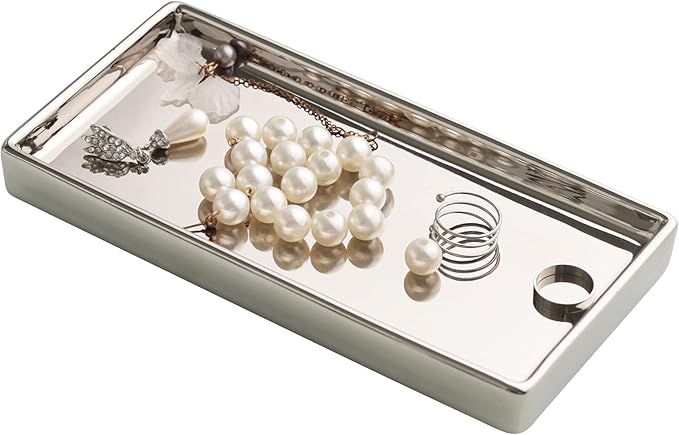 Jewelry Holder Ceramic Trinket Tray Rectangte Vanity Makeup Mirror Tray Silvery Small