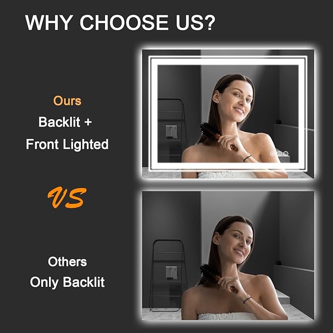 39x31 LED Bathroom Mirror with Front and Backlight, Dimmable Lighted Bathroom Vanity Mirror with Anti-Fog, Memory Function,Tempered Glass(Horizontal/Vertical)