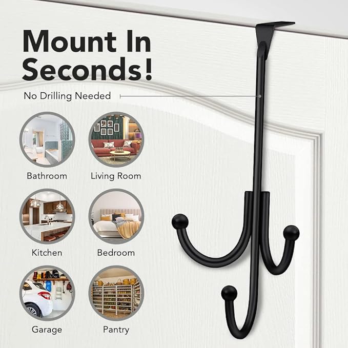 2-Pack Over The Door Hook - with 3 Hang Heads & Snug Fit Pads- 2Pcs Heavy Duty Hooks for Hanging Coats, Towels, Caps & Robes - Elegant Matt Finish - No Drill Hanger Organizer - Black