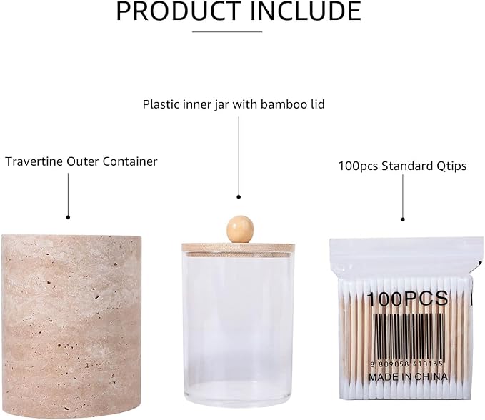 Travertine Marble Qtip Holder Dispenser with Bamboo Lid & Clear Plastic Inner Jar - Bathroom Vanity Organizer for Cotton Swab, Ball, Makeup Pads, Floss - Storage Container (Beige Travertine)