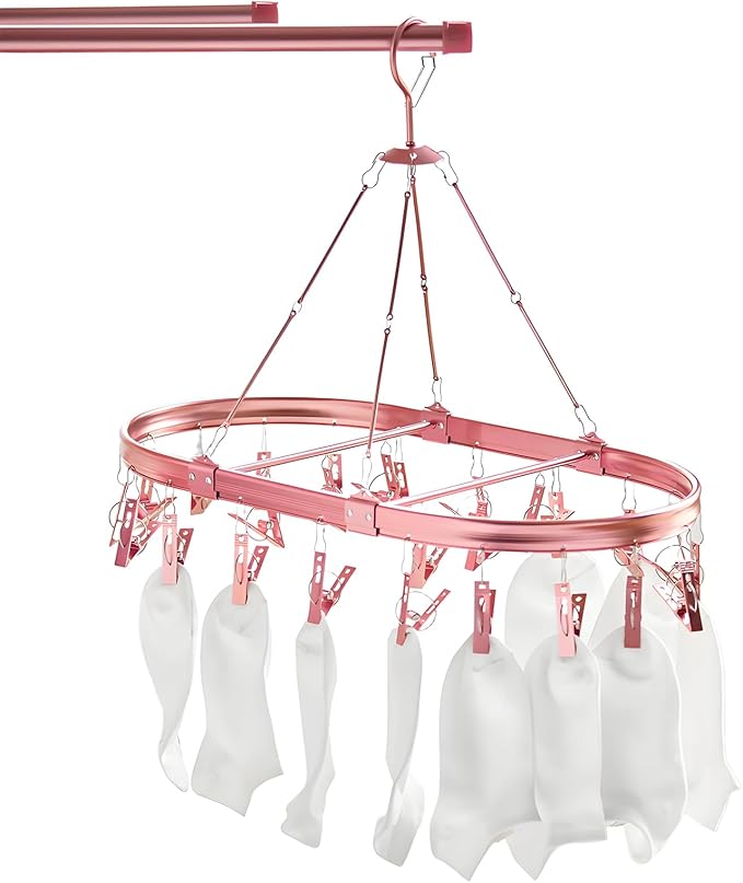 Underwear Hanger for Drying with 26 Clips - Aluminum Hanging Drying Rack for Socks, Lingerie & Baby Clothes | Wind-Resistant Hook & Oval Design (Rose Gold)