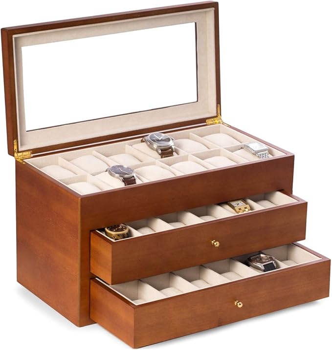 Bey-Berk Duke Cherry Wood Watch Box – 36 Slot Organizer with Glass Top, 2 Drawers & Velour Lining for Storage