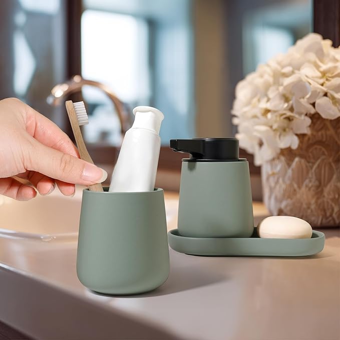 INGOFIN Automatic Ceramic Bathroom Accessory Set - 3 Pcs Auto Liquid Soap Dispenser Touchless, Toothbrush Holder & Tray, Smart Electric Bathroom Counter Set for Home, Guest Room, or Office, Green