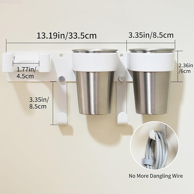 Hot Tools Organizer, Hair Tool Organizer Wall Mount Aluminum Alloy, Space-Saving Curling Iron Holder for Vanity & Bathroom with Stainless Steel Cups White CHOCHOYAH