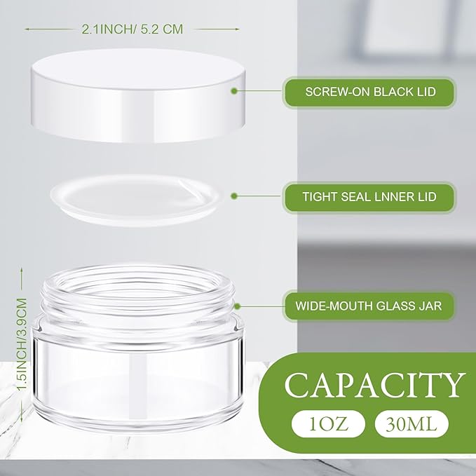 Domensi 100 Pcs 1 oz Glass Jars with Lids Bulk Round Glass Cosmetic Jars for DIY Lip Balm Small Travel Containers with Inner Liner for Lotions Powders Ointments Sample Cream(Clear, White)