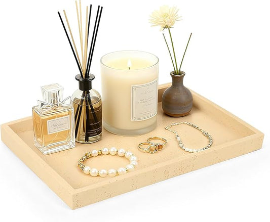 Artificial Travertine Tray, 12"x8" Perfume Tray for Bathroom Counter, Vanity, Home Organizer, Decorative Marble Trays for Perfume, Jewelry, Candles, Coffee, Rectangle, Yellow