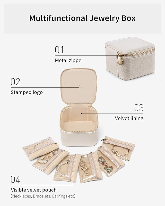 Vlando Jewelry Travel Case,Valentines Gift,Travel Jewelry Organizer with Clear Velvet Jewelry Bags 6Pcs Zipper Pouch for Women Girl Birthday Gift-White