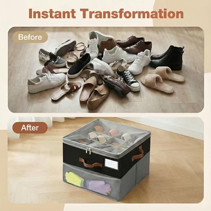 Shoe Organizer for Closet, Fabric Shoe Storage Boxes with Lids, Adjustable Dividers for 16 Pairs, Foldable Shoe Cubby with Mesh Storage & Label Window, Fits Tall Boots, Black & Grey