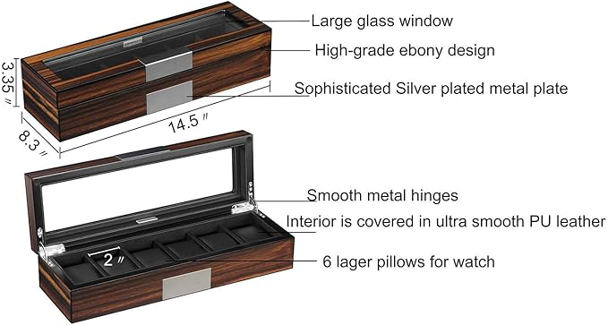 6 Watch Box Organizer - Large Wooden Watch Storage Box Display Case