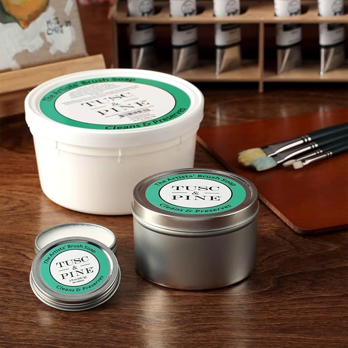 Tusc & Pine The Artists' Brush Soap - 2oz Plant-Based Brush Cleaner, Oil, Acrylic, Watercolor Paint - Nourishes Bristles; Made in North Carolina; Alkali Soap, Gentle Pine Fragrance