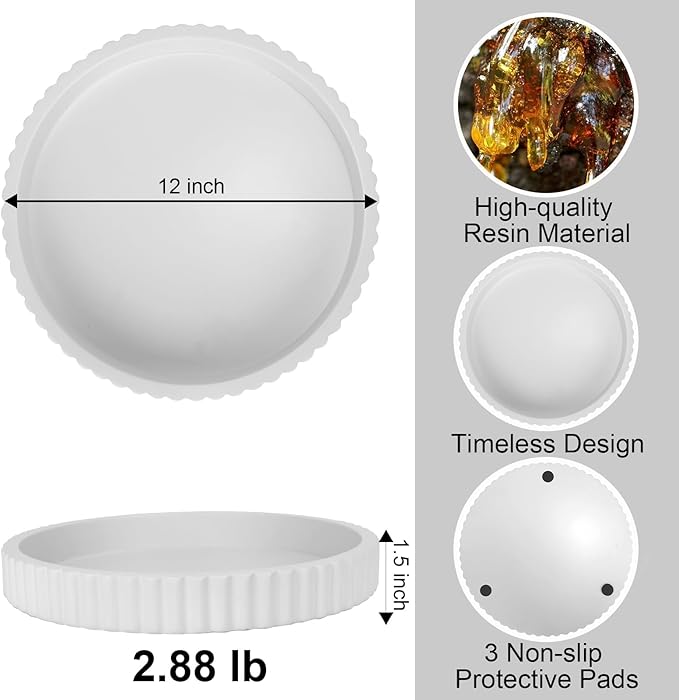 Decorative Tray for Coffee Table, 12'' Resin Modern Decorative Tray for Home Decor, Elegant Table Centerpiece White Round Fluted Serving Vanity Tray for Bathroom Kitchen Living Room Decor