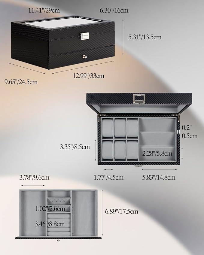 GUKA Watch box, 6 Slot Watch Case, 3 Slot Sunglass Organizer, Watch Cases for men with Real Glass Lid, Watch Organizer storage with Jewelry Case, Birthday for Men and Women,