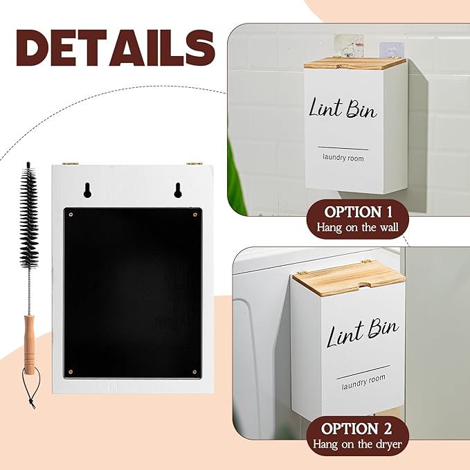 Dandat 4 Pcs Laundry Room Organization and Storage, Dryer Sheet Holder Laundry Pod Holder Scent Booster Container Magnetic Lint Bin with Scoop and Brush Wood Farmhouse Room Container(White)