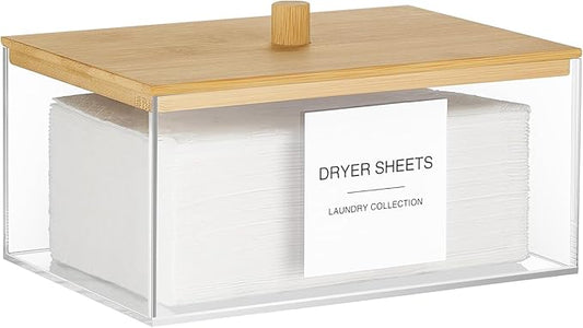 TIPGO Acrylic Dryer Sheet Holder with Lid, Clear Laundry Sheets Container with 27 Labels, Laundry Pods Storage for Laundry Room Organization