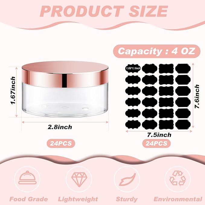 Dandat 24 Pcs 4 oz Plastic Jar Container with Lid and Label Refillable Empty Round Clear with Rose Gold Pet Cosmetic Sample Slime Containers for Lotion, Cream, Ointments, Body Butter, Travel Storage