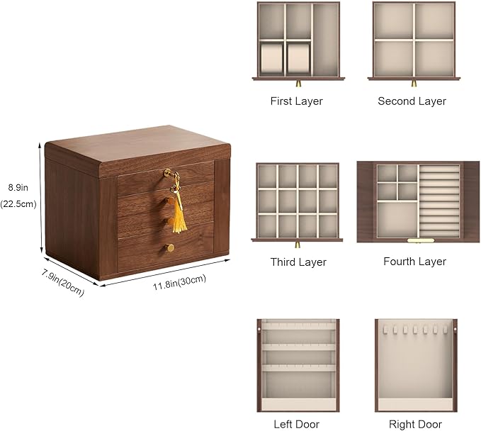 CHOSIN Black Walnut Wooden Jewelry Box, 4-Layer Lockable Wood Jewelry Organizer with Mirror, Side Doors & Brass Handle, Classical Design for Rings, Necklaces, Earrings, Watches, Valentine's Day Gifts