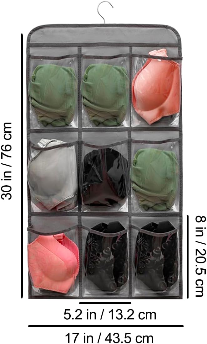 2 Pcs Closet Organizer Dual Sided Hanging Shoe Storage Bag Underwear Socks Holder with 18 Pockets (CLEAR POCKETS)