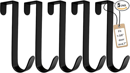5 Pack Over The Door Hooks(L=4.7"), Over Door Hanger, Heavy Duty No Drill Hanger for Towels, Coats, Hats, Bags in Bathroom, Bedroom, Kitchen, Living Room-Black