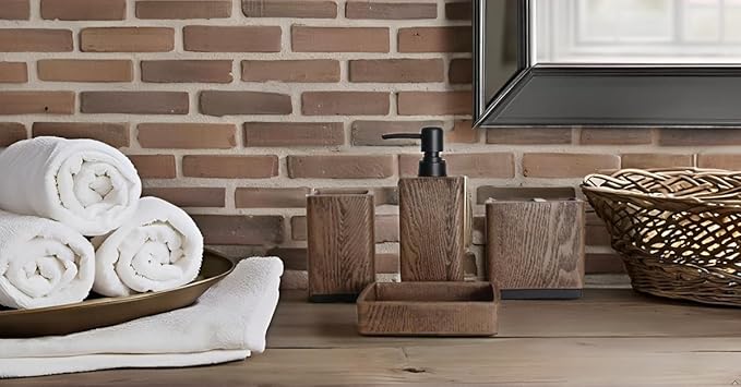 Hymmah Wood Grain Design Bathroom Accessories Set,Farmhouse Bathroom Decor,4 Pcs Resin Gift Set Apartment Necessities, Contain Cotton Swab Jar,Soap Dispenser,Tumbler，Soap Dish/Tray