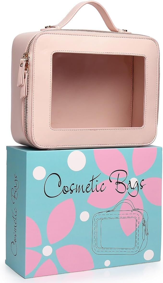Pinkmik Clear Makeup Bag for Women Waterproof Travel Cosmetics and Toiletries Case Portable Makeup Oaganizer Bag Clear Car Bag with Zipper (Pink, M+L-1)