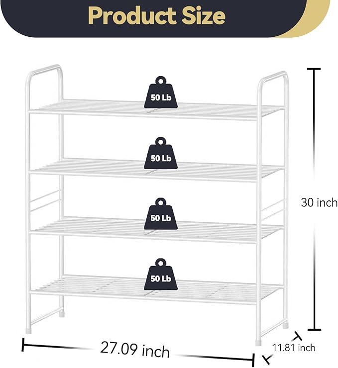 4-Tier Stackable Shoe Rack, Metal Shoe Shelf Storage Organizer,White