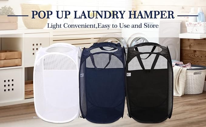 AQQA 6 Pcs Handy Laundry Collapsible Mesh Foldable Hampe (Black/White/Blue),Popup Laundry Basket with Durable Handles,Pop-up Mesh Hamper Dirty Clothes Basket for Kids Room, College Dorm or Travel