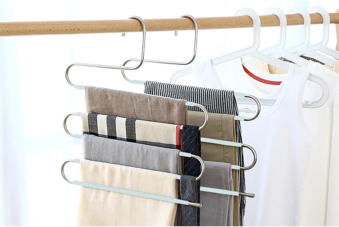 Devesanter Space-Saving Non-Slip S-Shape Trousers Hangers - 6 Pack Stainless Steel Closet Storage Organizer for Pants, Jeans & Scarves - Green