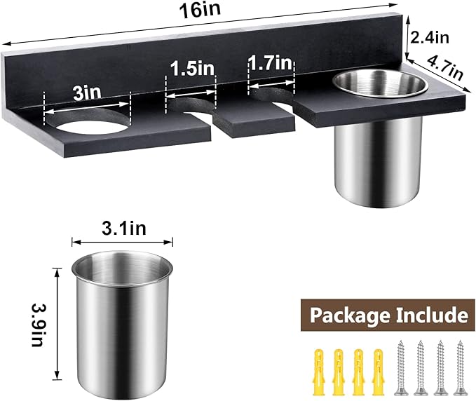 Hair Tool Organizer Wall Mounted - Wooden Dryer Holder, Blow Dryer Holder for Bathroom, Rustic Styling Tools Organizer for Flat Iron, Curling Wand, Hair Straighteners, Brushes, Black