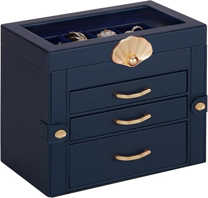 Jewelry Box with 3 Drawers: Display Organizer for Earrings Necklaces - Gifts for Girls Women (Dark Blue)
