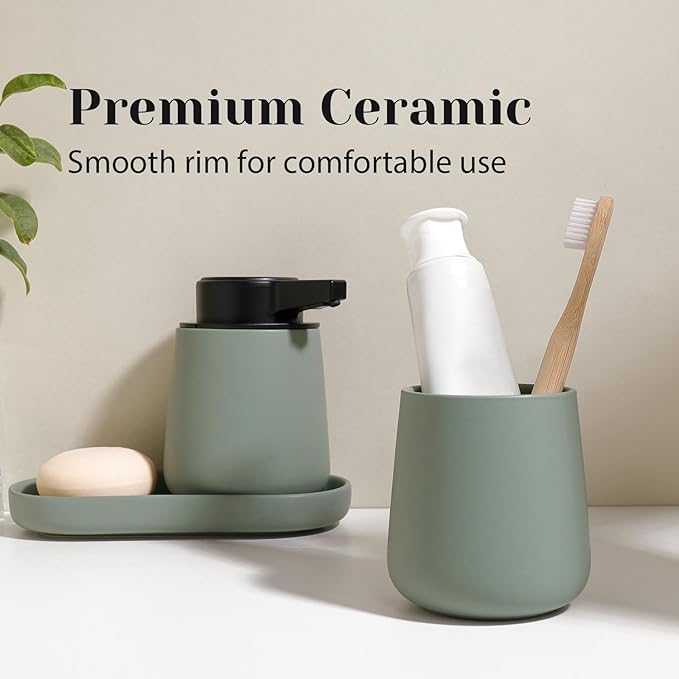 INGOFIN Automatic Ceramic Bathroom Accessory Set - 3 Pcs Auto Liquid Soap Dispenser Touchless, Toothbrush Holder & Tray, Smart Electric Bathroom Counter Set for Home, Guest Room, or Office, Green