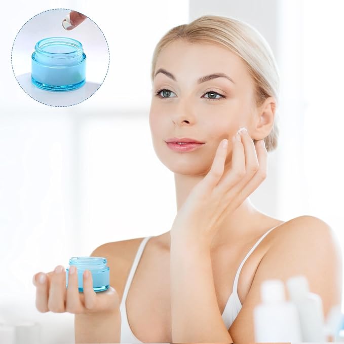 Domensi 60 Pcs 1oz Glass Jars with Lids Bulk Salve Tins Winter Cream Container Small Glass Candle Cosmetic Jars for Travel Lip Balm with Inner Liners for Lotion Sample Cream(Light Blue, White Lids)