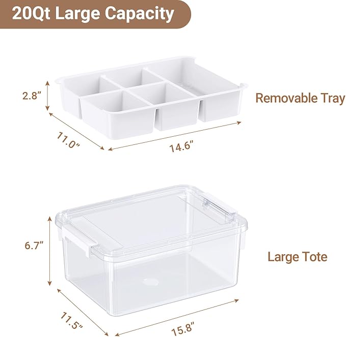 20Qt Stackable Storage Bin with Lid & Tray, Clear Plastic Latching Box Organizer with Divider Portable 5Gal Container for Arts & Crafts, Home and Car Trunk Organization, 1Pack