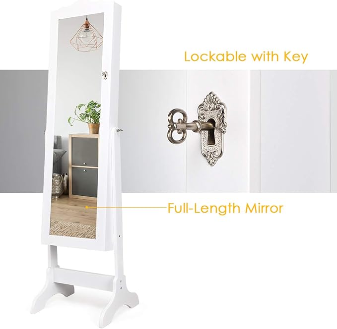Giantex Jewelry Armoire with Full Length Mirror, Lockable Standing Jewelry Cabinet, Mirror with Jewelry Storage, Ring Earring Necklace Makeup Display, Jewelry Organizer Box for Women Girls (White)