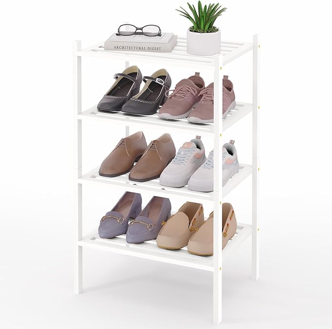 Smiry Small Bamboo Shoe Rack 4-Tier, Stackable Wooden Shoe Organizer for Entryway & Closet, Free Standing Wood Shoe Storage Shelf for Front Door & Small Spaces, White