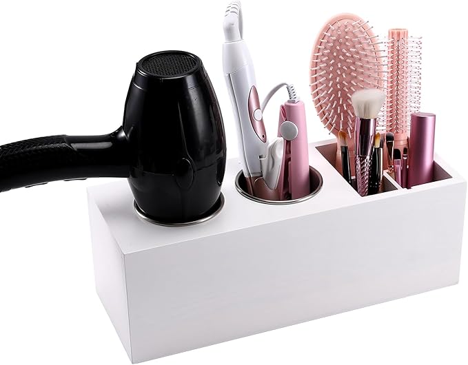Hair Dryer Countertop Holder, Hair Tool Organizer Wall Mount, Blow Dryer Holder Organizer, Bathroom Countertop Blow Dryer Holder and Curling Iron Holder (Cedar Wood, White)